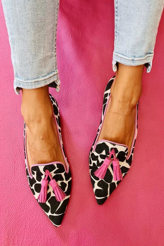 Animal Print Pointed Toe Loafers – Flat Slip-On with Pink Tassel