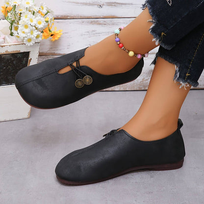Slip-On Flat Loafers – Wide Fit Button Detail Round Toe