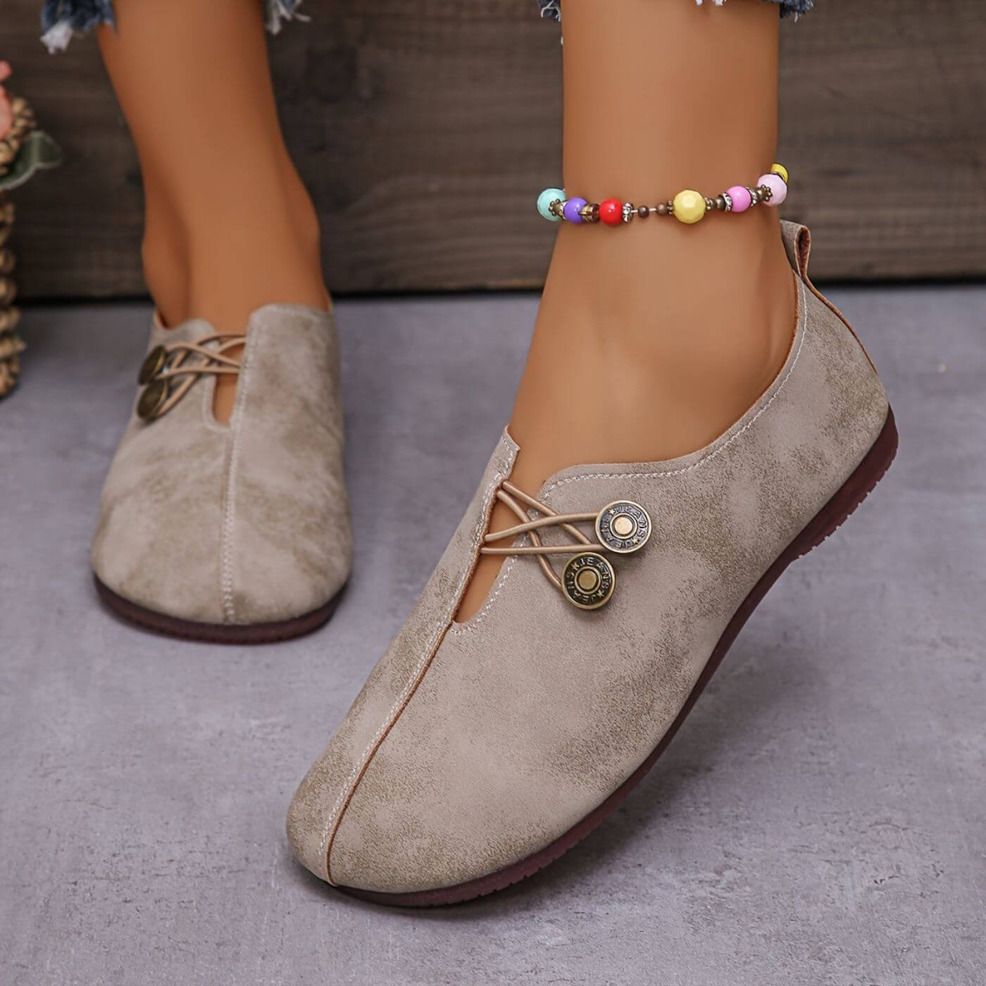 Slip-On Flat Loafers – Wide Fit Button Detail Round Toe