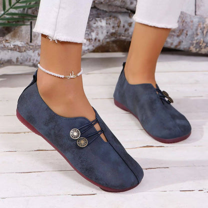 Slip-On Flat Loafers – Wide Fit Button Detail Round Toe