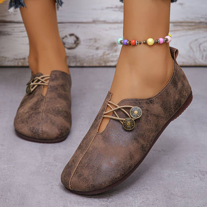 Slip-On Flat Loafers – Wide Fit Button Detail Round Toe