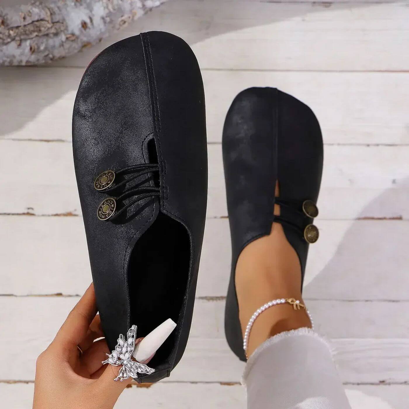 Slip-On Flat Loafers – Wide Fit Button Detail Round Toe