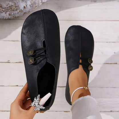 Slip-On Flat Loafers – Wide Fit Button Detail Round Toe