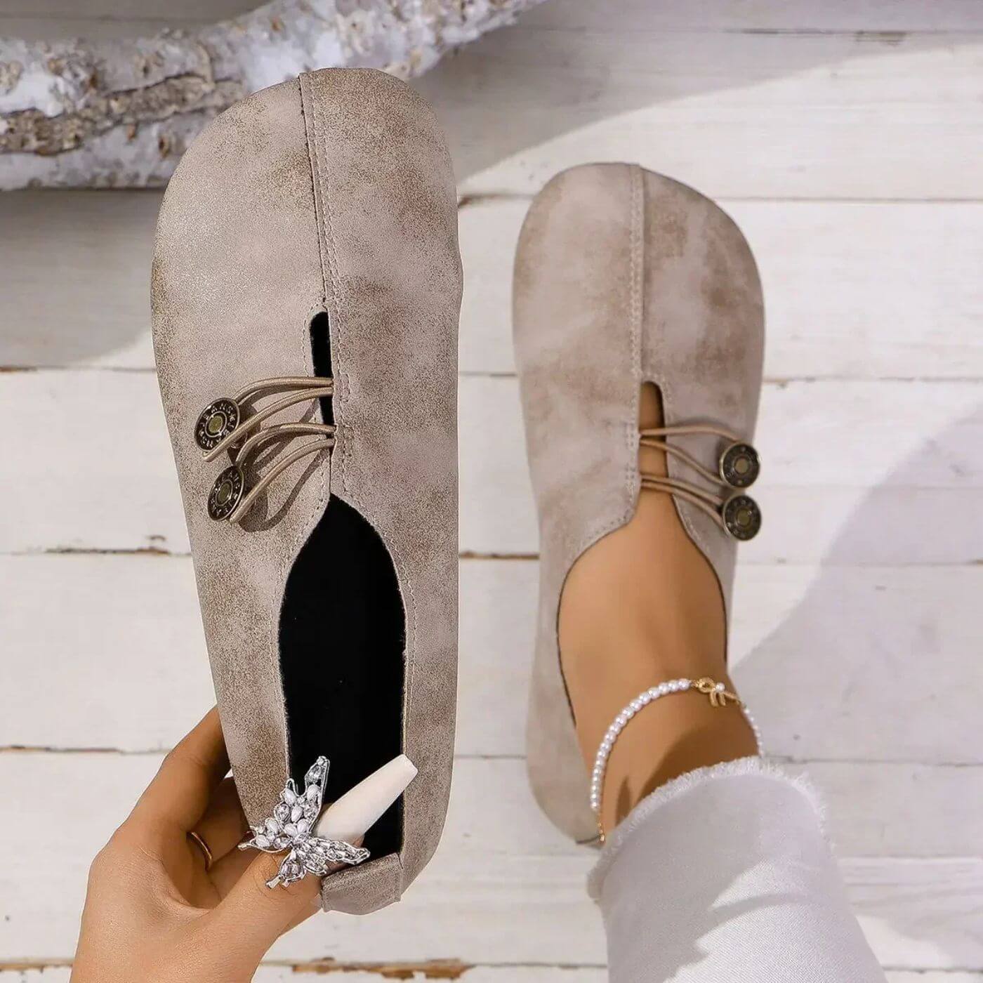 Slip-On Flat Loafers – Wide Fit Button Detail Round Toe