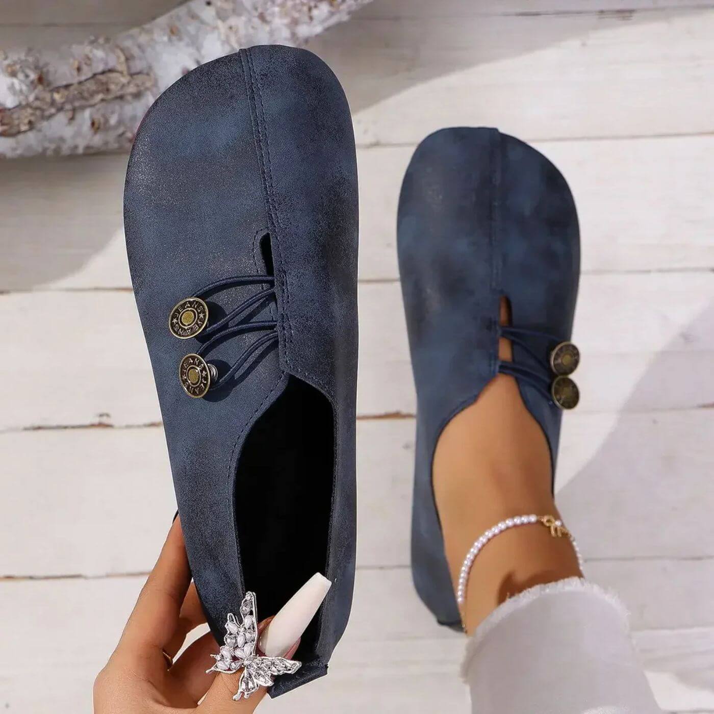 Slip-On Flat Loafers – Wide Fit Button Detail Round Toe