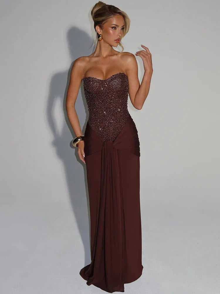 Sequin Corset Strapless Maxi Dress – Ruched Formal Evening Gown