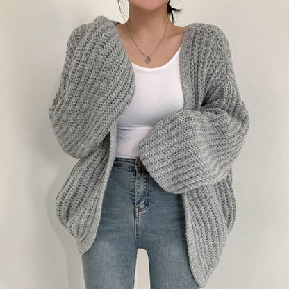 Chunky Knit Oversized Cardigan – Open Front Balloon Sleeve