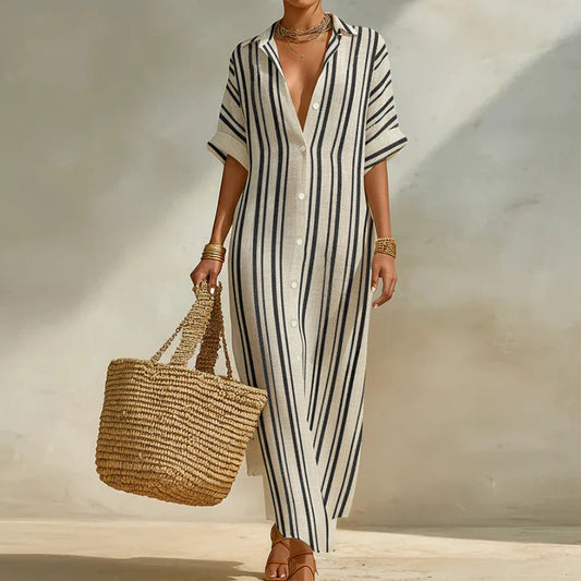 Striped Linen Blend Maxi Shirt Dress – Loose Button-Front Summer Dress