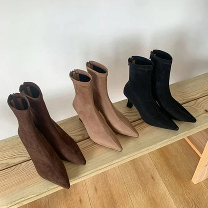 Pointed Toe Sock Ankle Boots – Suede Stiletto Heel Booties