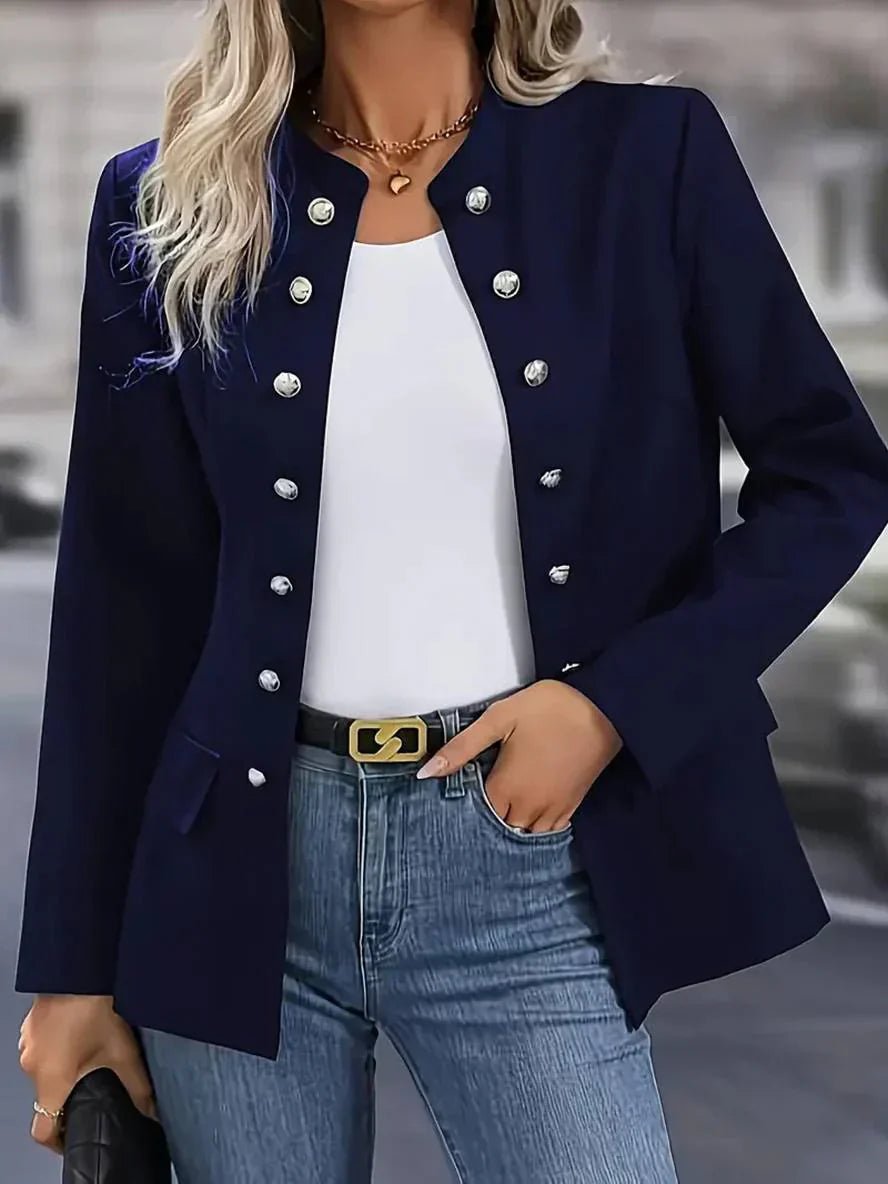 Collarless Double Breasted Blazer – Long Sleeve Military Button Jacket