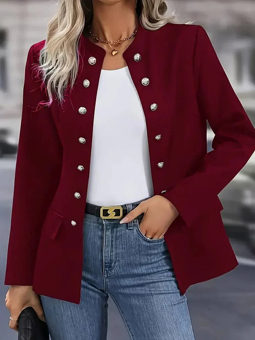 Collarless Double Breasted Blazer – Long Sleeve Military Button Jacket