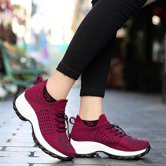 Knit Platform Sneakers – Chunky Sole Lace-Up Walking Shoes