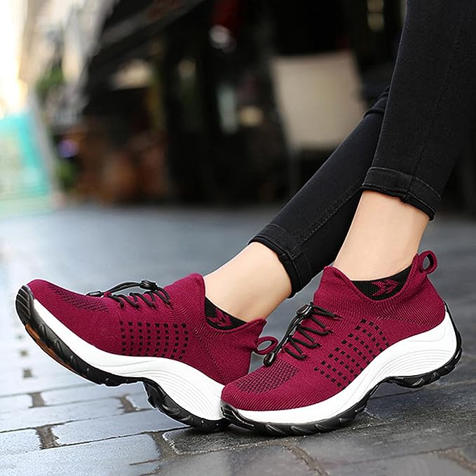 Knit Platform Sneakers – Chunky Sole Lace-Up Walking Shoes