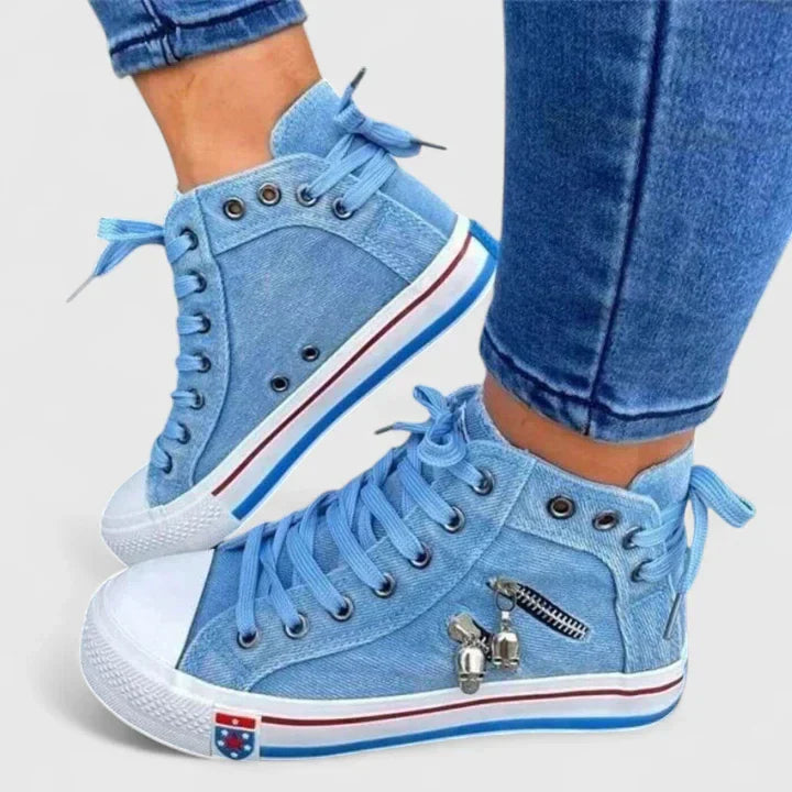 Denim High Top Sneakers – Women's Lace-Up Side Zip Skull Charm