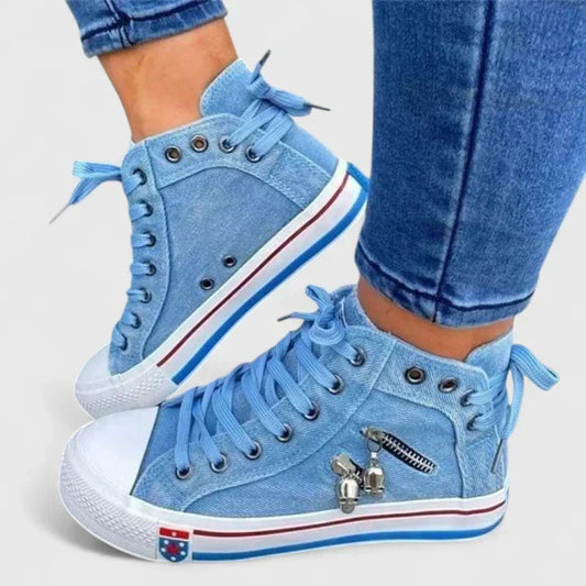 Denim High Top Sneakers – Women's Lace-Up Side Zip Skull Charm