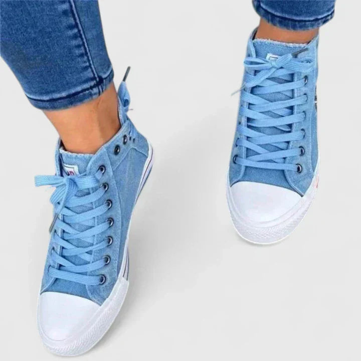Denim High Top Sneakers – Women's Lace-Up Side Zip Skull Charm