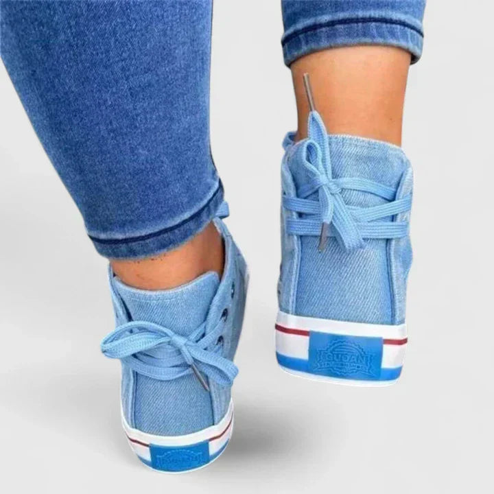 Denim High Top Sneakers – Women's Lace-Up Side Zip Skull Charm