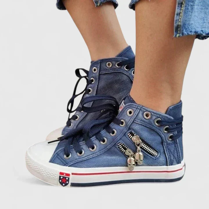 Denim High Top Sneakers – Women's Lace-Up Side Zip Skull Charm