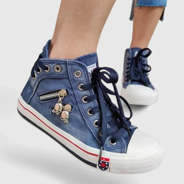 Denim High Top Sneakers – Women's Lace-Up Side Zip Skull Charm