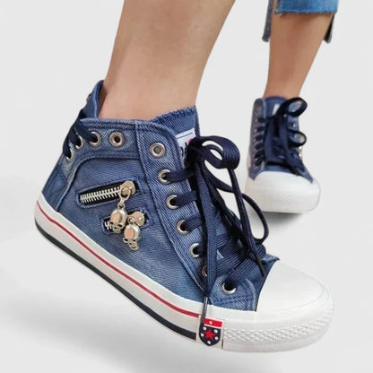 Denim High Top Sneakers – Women's Lace-Up Side Zip Skull Charm