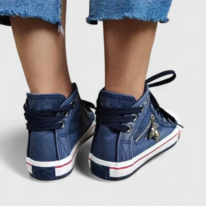 Denim High Top Sneakers – Women's Lace-Up Side Zip Skull Charm