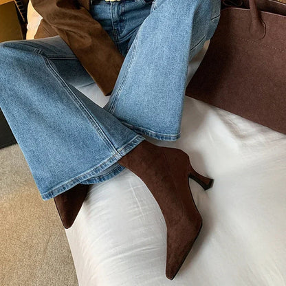 Pointed Toe Sock Ankle Boots – Suede Stiletto Heel Booties