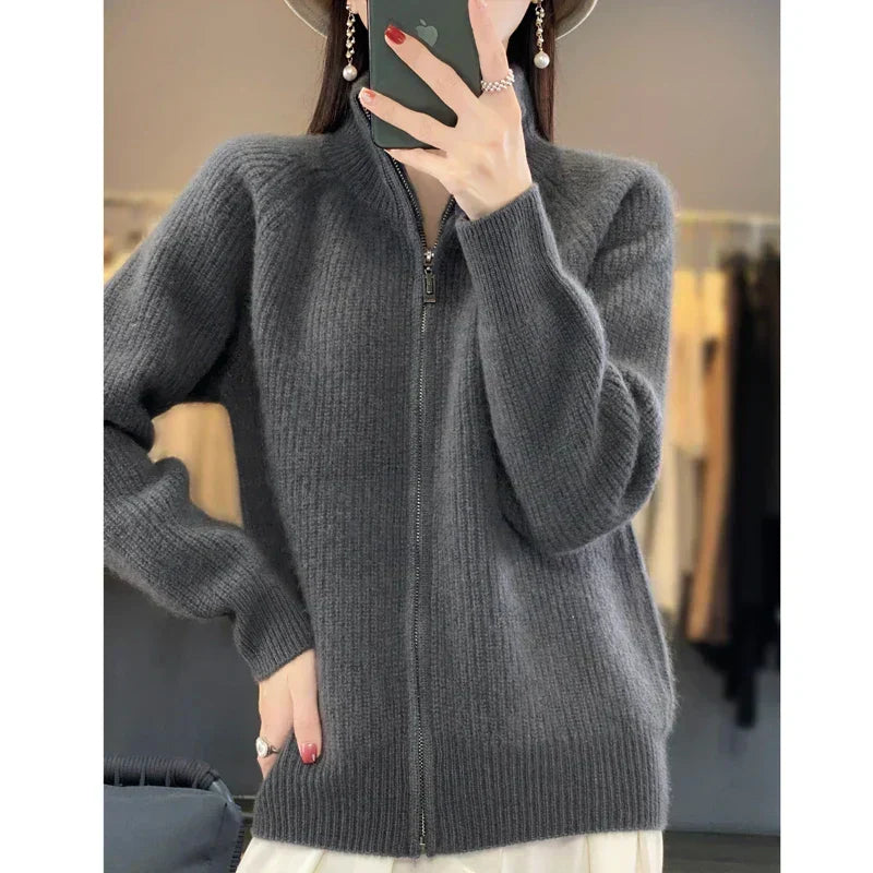 Ribbed Knit Zip-Up Cardigan – Stand Collar Long Sleeve Sweater Jacket