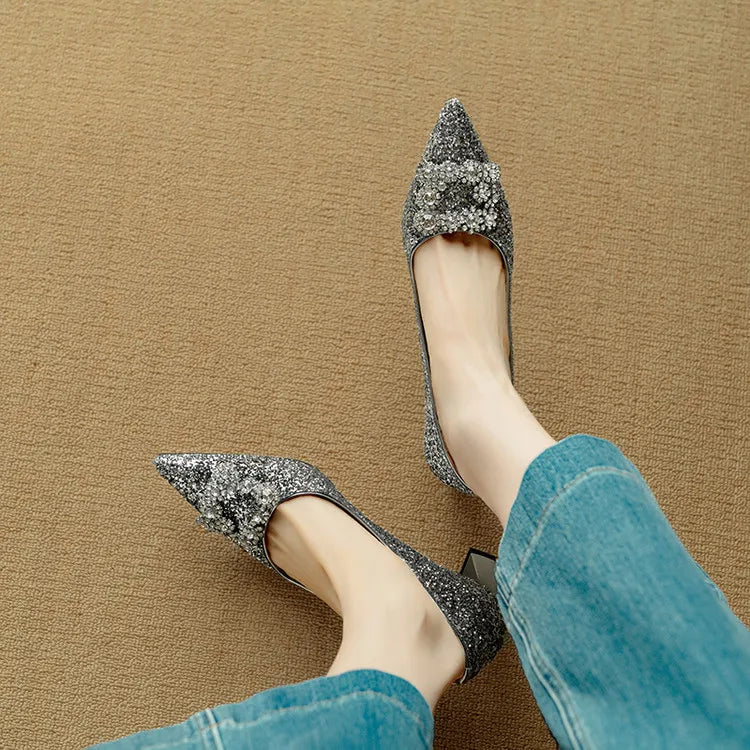 Glitter Block Heel Pumps – Pointed Toe Rhinestone Party Heels