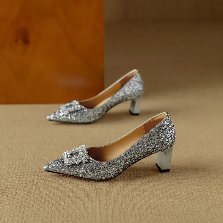 Glitter Block Heel Pumps – Pointed Toe Rhinestone Party Heels