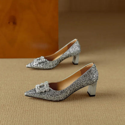 Glitter Block Heel Pumps – Pointed Toe Rhinestone Party Heels