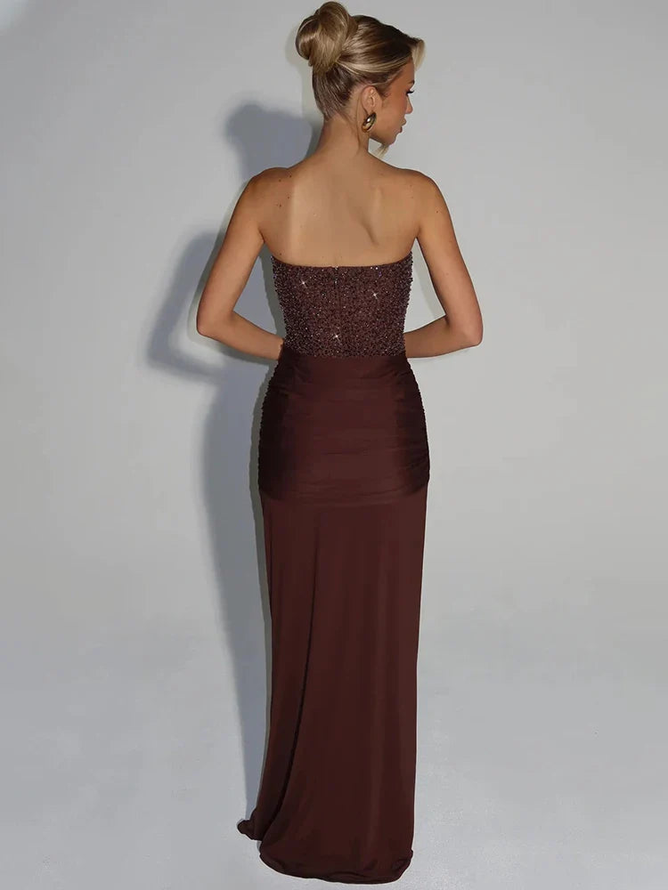 Sequin Corset Strapless Maxi Dress – Ruched Formal Evening Gown