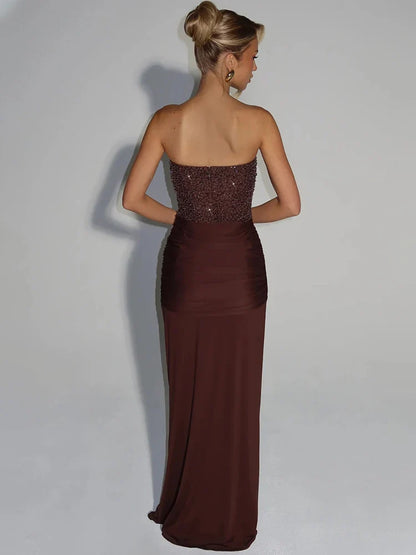 Sequin Corset Strapless Maxi Dress – Ruched Formal Evening Gown