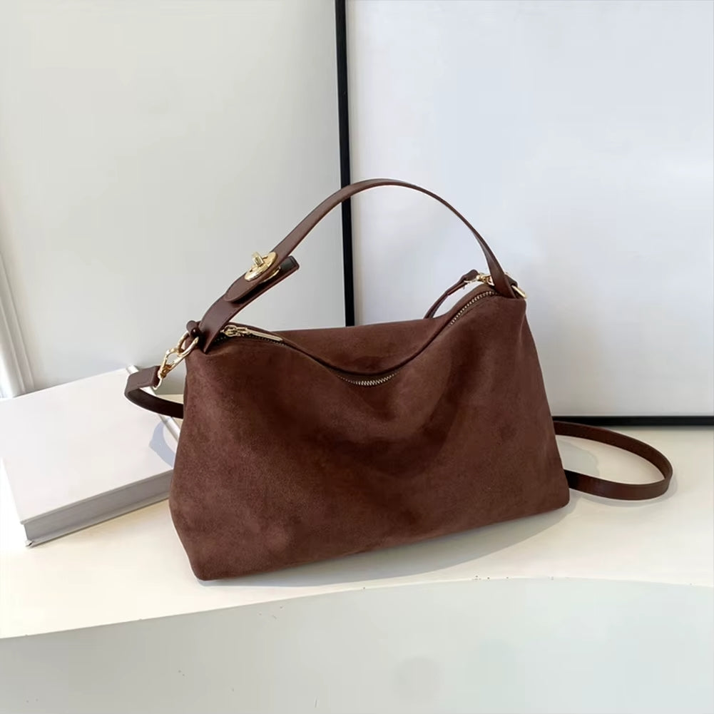 Suede Shoulder Bag with Top Handle – Zip Crossbody Gold Hardware