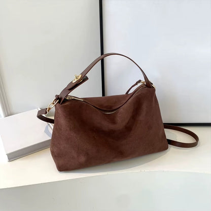 Suede Shoulder Bag with Top Handle – Zip Crossbody Gold Hardware
