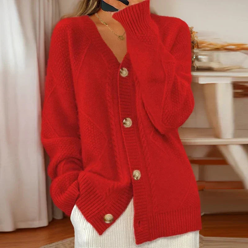 Cable Knit Button-Front Cardigan – V-Neck Relaxed Fit Long Sleeve