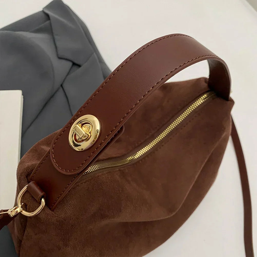 Suede Shoulder Bag with Top Handle – Zip Crossbody Gold Hardware