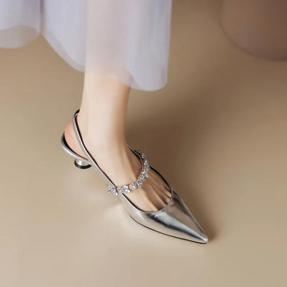 Rhinestone Slingback Heels – Pointed Toe Crystal Strap Pumps