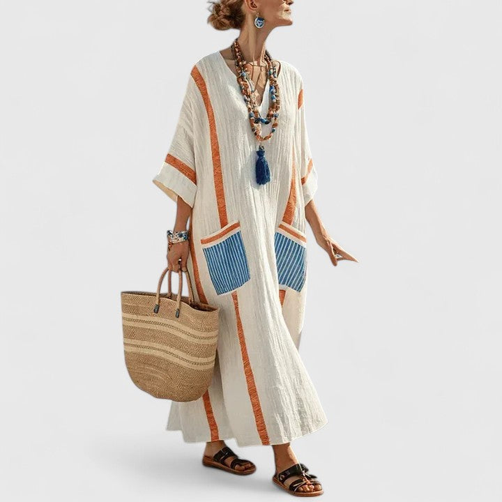 Linen Boho Maxi Dress – V-Neck 3/4 Sleeve with Pockets