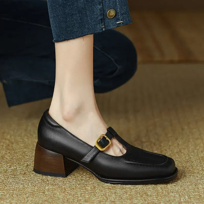 Leather T-Strap Mary Jane Heels – Square Toe Block Heel Buckle
