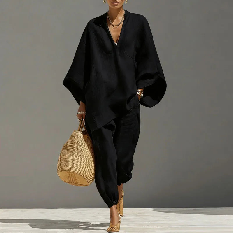 Linen Batwing Sleeve Two Piece Set – V-Neck Top Tapered Pants