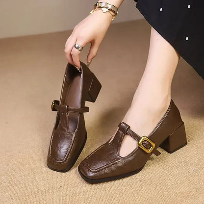 Square Toe Mary Jane Block Heel Pumps – T-Bar Buckle Retro Heels