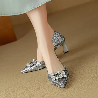 Glitter Block Heel Pumps – Pointed Toe Rhinestone Party Heels