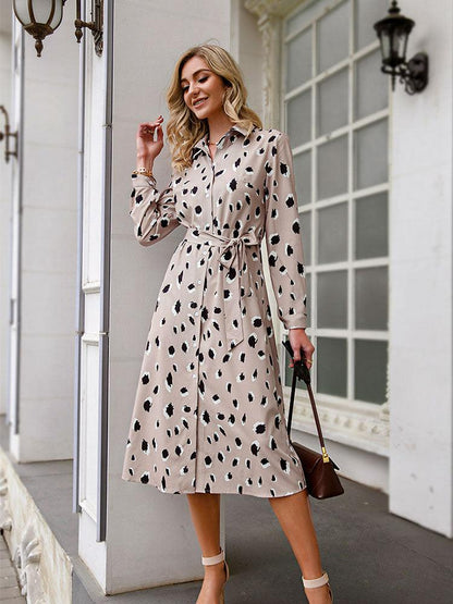 Animal Print Shirt Midi Dress – Belted Long Sleeve A-Line