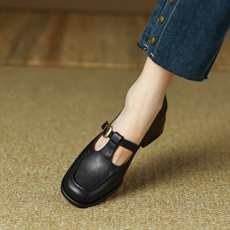 Leather T-Strap Mary Jane Heels – Square Toe Block Heel Buckle