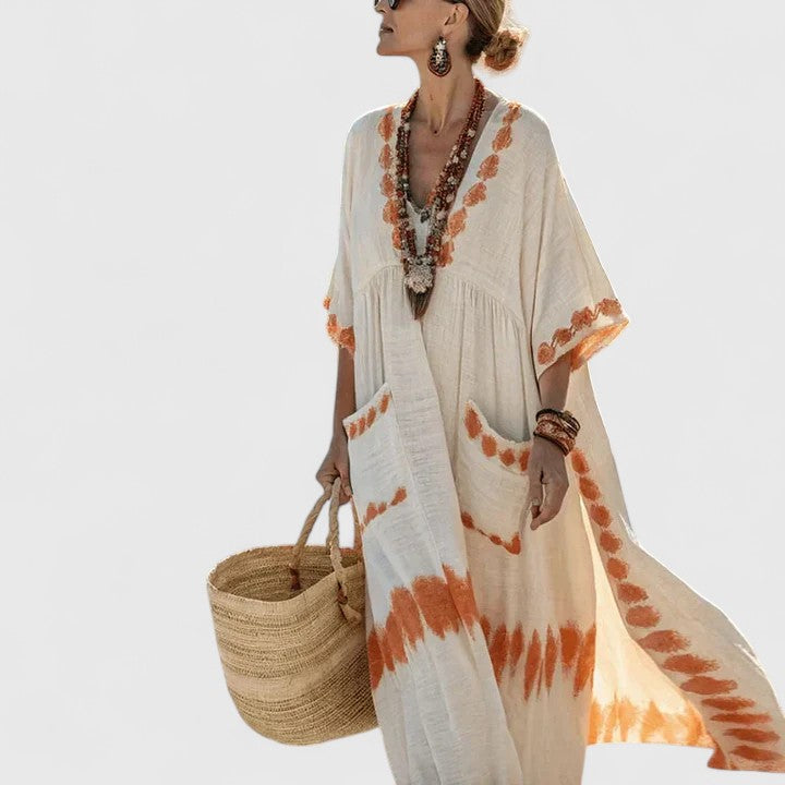 Linen Boho Maxi Dress – V-Neck 3/4 Sleeve with Pockets