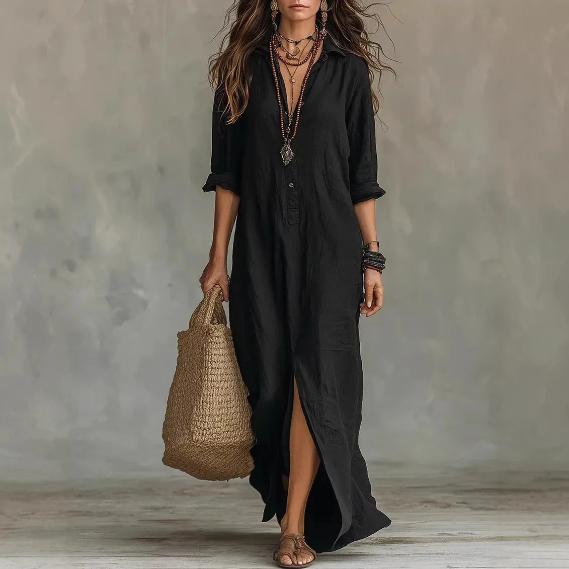 Cotton Linen Maxi Shirt Dress – Loose Boho Button-Front – Elixy Supply