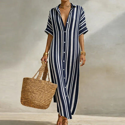 Striped Linen Blend Maxi Shirt Dress – Loose Button-Front Summer Dress