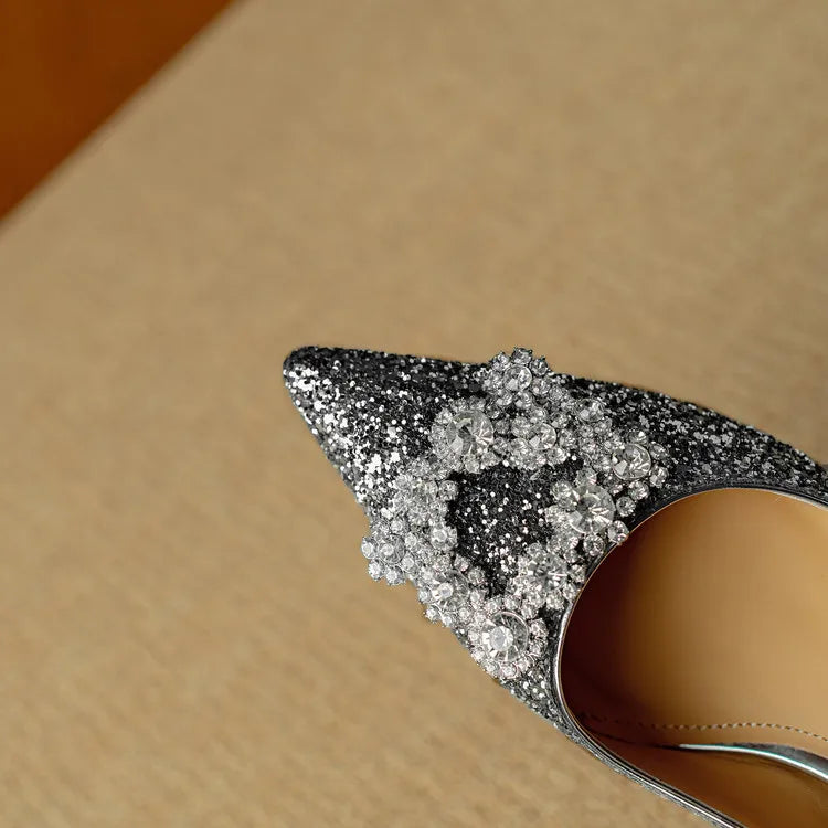 Glitter Block Heel Pumps – Pointed Toe Rhinestone Party Heels