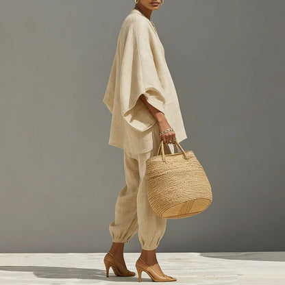 Linen Batwing Sleeve Two Piece Set – V-Neck Top Tapered Pants