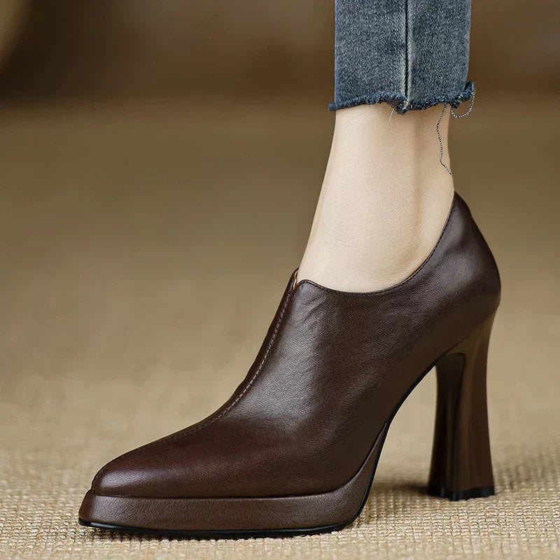 Leather Platform Block Heel Pumps – Pointed Toe Side Zip
